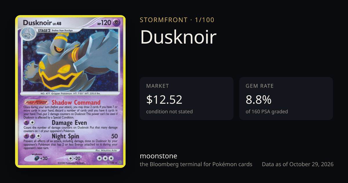 Dusknoir 1/100 Stormfront Price & PSA Value · moonstone